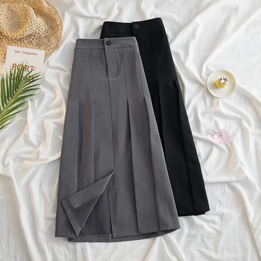 Lucyever Black Gray Pleated Long Skirt for Women 2023 Spring Japanese Style High-Waist Skirts Woman Office Streetwear Midi Skirt